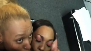 Ill-behaved black girls sucking and stroking a big blanched shaft less clamber up